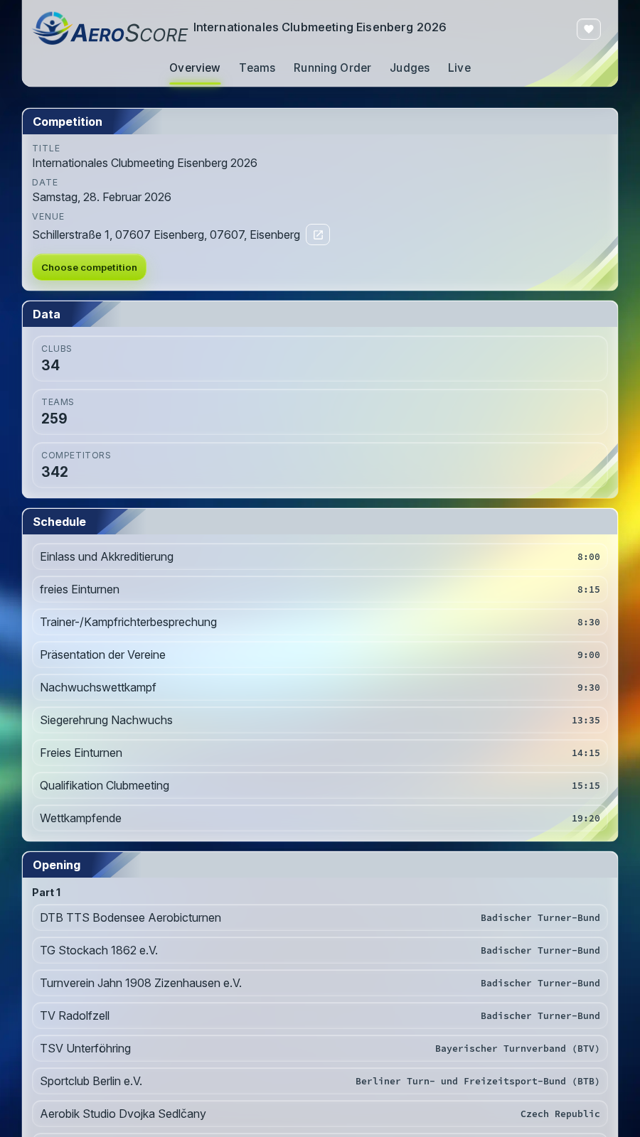 AeroScore Online competition overview on a mobile screen