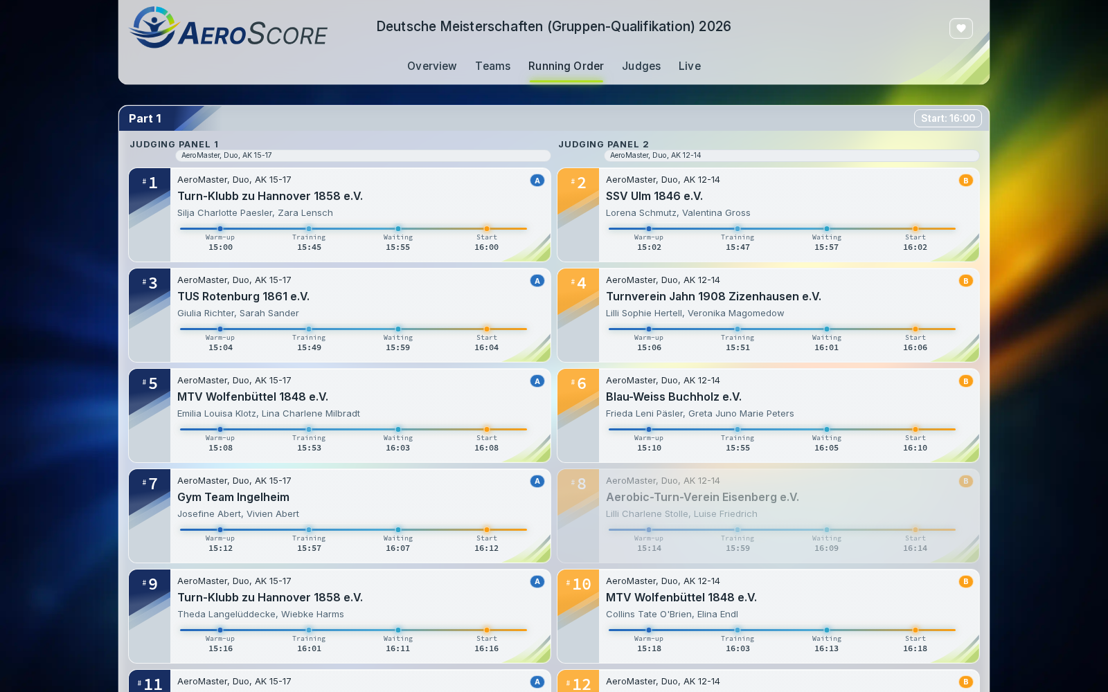 AeroScore Online running order showing competition timing and athletes